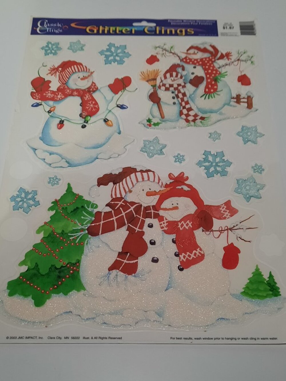 Vintage 2003 Classic Clings Glitter Snowman Christmas Window Clings Reusable